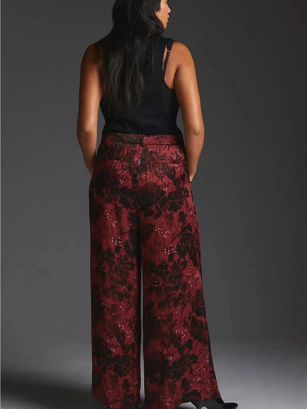 Anthropologie Printed Pleated Wide Leg Pants 12 Burgundy Black Floral - Picture 3 of 7